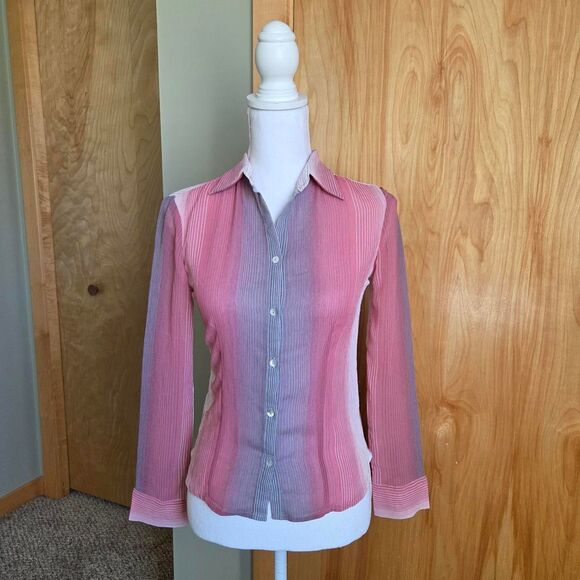 vintage y2k Espada semi sheer chiffon pink and grey striped collared blouse top - Picture 1 of 3